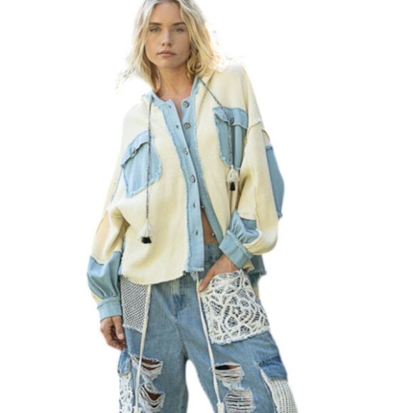 POL JACKET 100% COTTON Cream & Denim NEW 1 LG LEFT! - Picture 1 of 11